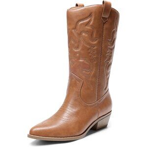 Women's Tan Pointed Toe Pull On Wide Calf Pu Chunky Low Heel Cowgirl Boots